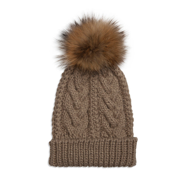 Taupe Cable Knit Pom Hat