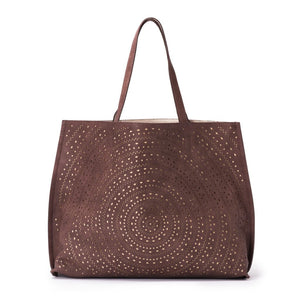 Mixed Laser Cut Tote - Brown / Ivory