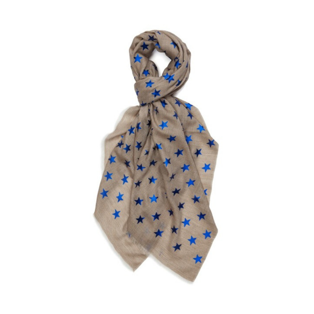 Metallic Blue Star Pashmina - Beige