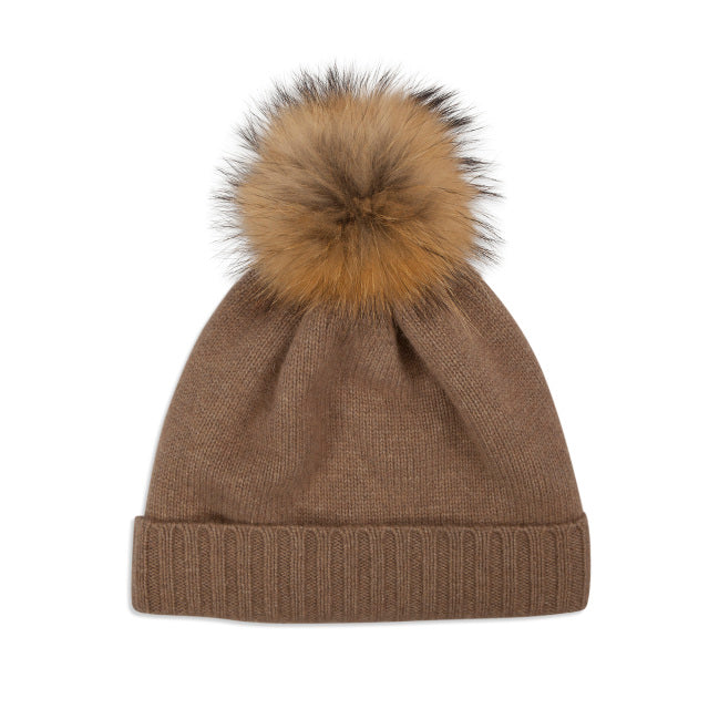 Camel Cashmere Knit Pom Hat
